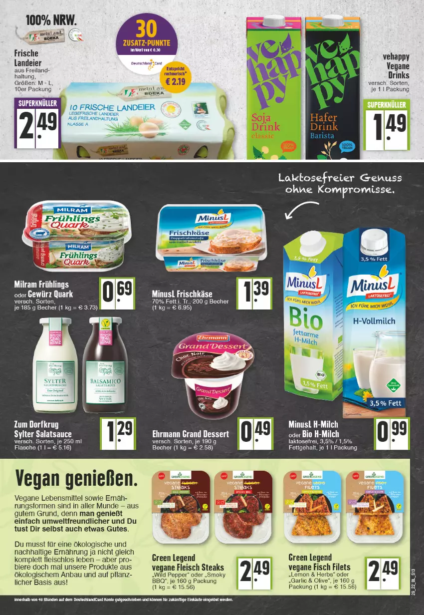 Aktueller Prospekt Edeka - Angebote der Woche - von 18.07 bis 23.07.2022 - strona 13 - produkty: Bau, Becher, bier, Biere, bio, dessert, drink, drinks, ehrmann, Ehrmann Grand Dessert, eier, eis, filet, filets, fisch, flasche, fleisch, gewürz, lebensmittel, milch, milram, nuss, quark, steak, steaks, Ti, Tiere, Vegane Fleisch, vollmilch