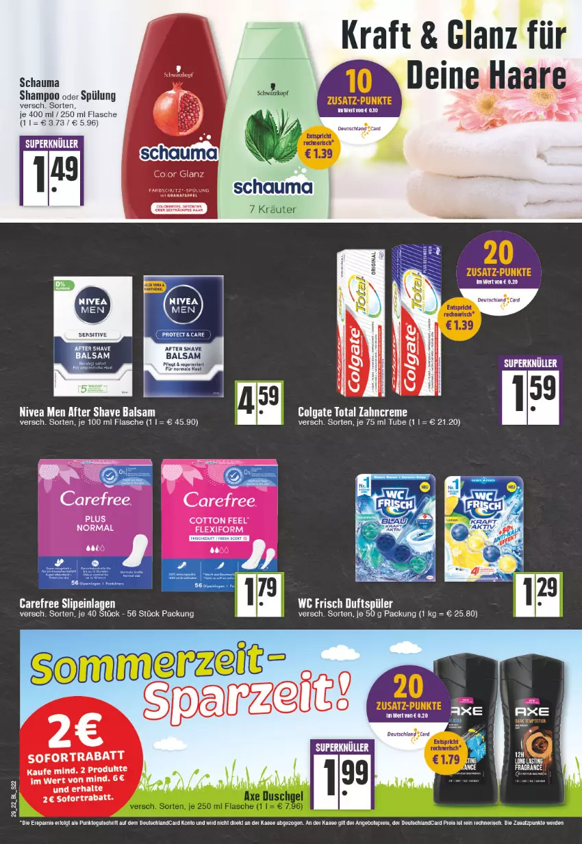 Aktueller Prospekt Edeka - Angebote der Woche - von 18.07 bis 23.07.2022 - strona 22 - produkty: after shave, angebot, angebote, balsam, carefree, colgate, colgate total, creme, deutschlandcard, flasche, kraft, kräuter, LG, nivea, Nivea Men, schauma, schauma shampoo, shampoo, shampoo oder spülung, slip, slipeinlagen, sofortrabatt, spülung, Ti, zahncreme