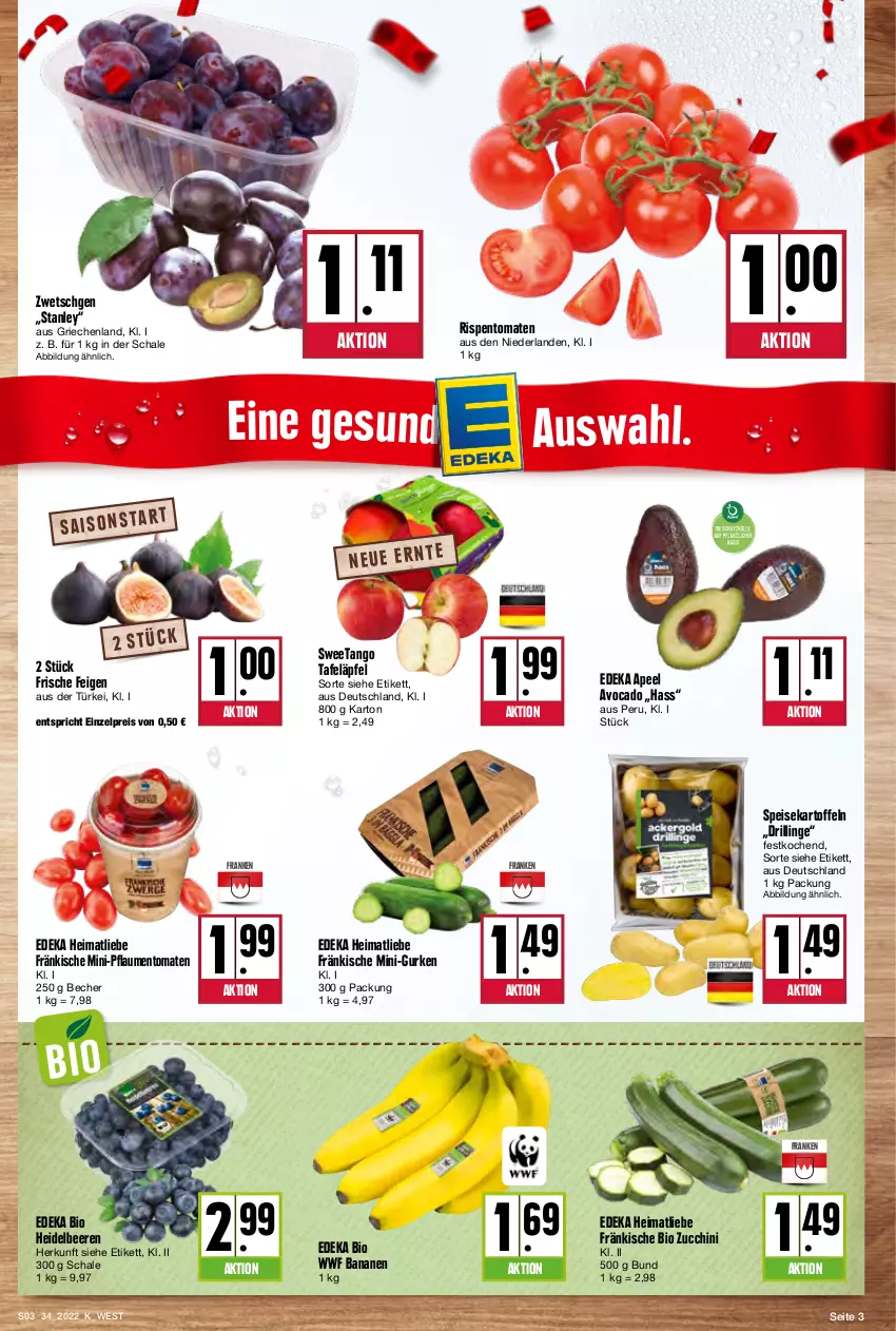 Aktueller Prospekt Kupsch - Angebote der Woche - von 22.08 bis 27.08.2022 - strona 3 - produkty: avocado, banane, bananen, Becher, beere, beeren, bio, deka, edeka bio, eis, Feigen, gurke, gurken, heidelbeere, heidelbeeren, kartoffel, kartoffeln, mini-gurken, pflaume, pflaumen, reis, rispentomaten, Schal, Schale, speisekartoffeln, tafeläpfel, Ti, tomate, tomaten, zucchini