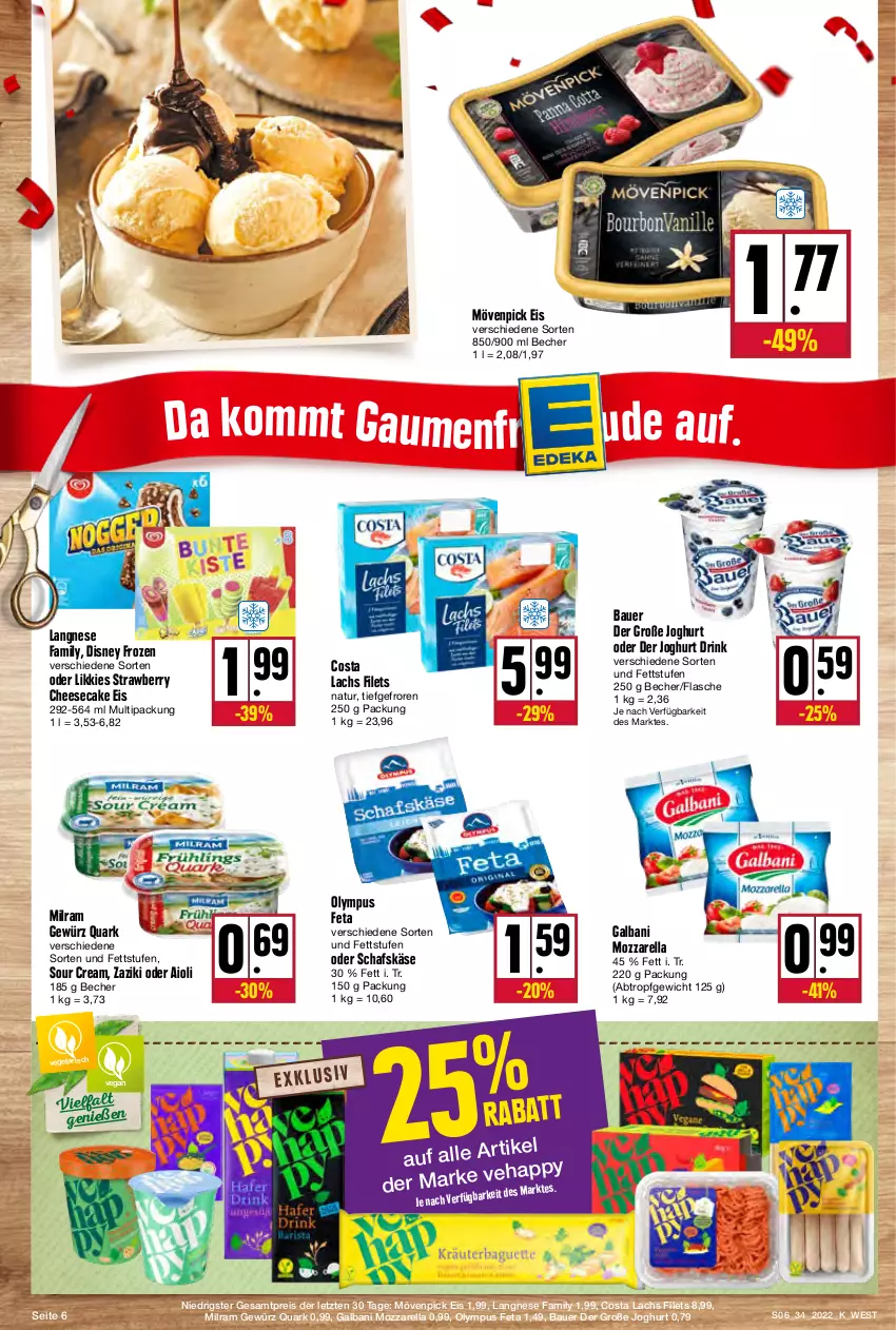 Aktueller Prospekt Kupsch - Angebote der Woche - von 22.08 bis 27.08.2022 - strona 6 - produkty: aioli, auer, Bau, Bauer, Becher, cheesecake, disney, drink, eis, feta, filet, filets, flasche, galbani, gewürz, joghur, joghurt, Käse, lachs, langnese, milram, mövenpick, mövenpick eis, mozzarella, natur, quark, reis, rel, schafskäse, sour cream, Ti, Vegeta, zaziki, ZTE