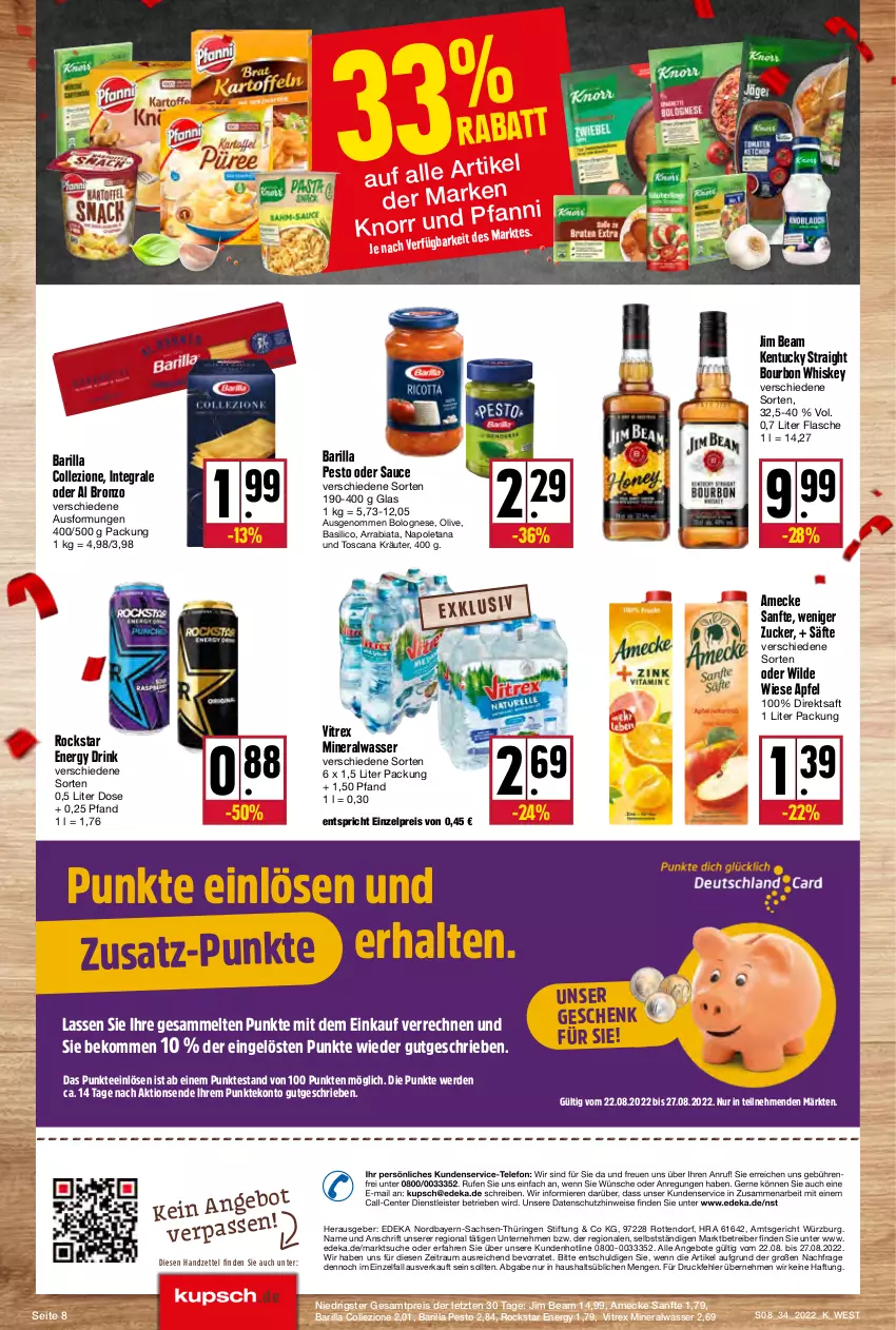 Aktueller Prospekt Kupsch - Angebote der Woche - von 22.08 bis 27.08.2022 - strona 8 - produkty: Alwa, amecke, angebot, angebote, apfel, Astra, barilla, basilico, beko, bolognese, bourbon, bourbon whiskey, deit, deka, direktsaft, drink, eis, energy drink, ente, erde, flasche, jim beam, kentucky straight, knorr, kräuter, mineralwasser, olive, pesto, Rauch, reis, ring, Rockstar, sac, saft, säfte, sauce, tee, telefon, Ti, tuc, vitrex, wasser, whiskey, Wild, ZTE, zucker