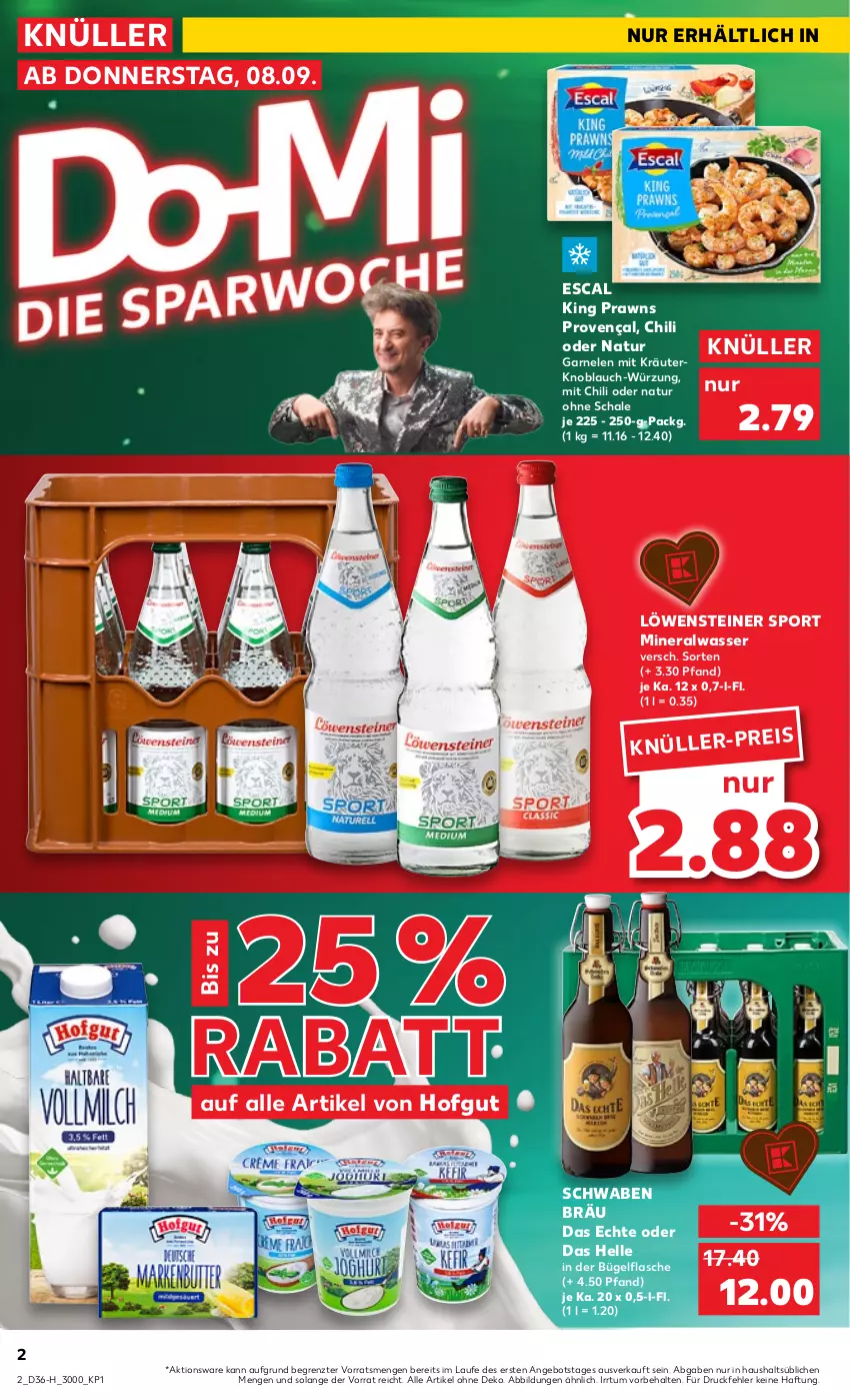 Aktueller Prospekt Kaufland - Spezielle Angebote - von 08.09 bis 14.09.2022 - strona 2 - produkty: Alwa, angebot, bügel, bügelflasche, chili, eis, elle, escal, flasche, garnelen, hofgut, knoblauch, kräuter, mineralwasser, natur, prawns, Schal, Schale, Sport, steiner, Ti, wasser, ZTE