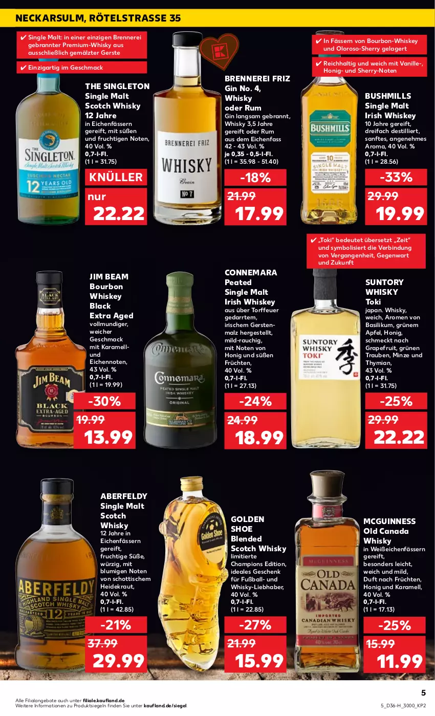 Aktueller Prospekt Kaufland - Spezielle Angebote - von 08.09 bis 14.09.2022 - strona 5 - produkty: angebot, angebote, apfel, ball, basilikum, blended scotch, blended scotch whisky, bourbon, bourbon whiskey, champion, frucht, früchte, früchten, Fußball, gin, grapefruit, Guinness, Heidekraut, honig, irish whiskey, jim beam, karamell, Kraut, lack, mac, malz, minze, Rauch, rum, schott, scotch, scotch whisky, single malt, Ti, tisch, trauben, vanille, whiskey, whisky, ZTE