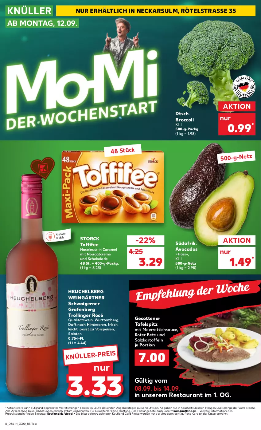 Aktueller Prospekt Kaufland - Spezielle Angebote - von 08.09 bis 14.09.2022 - strona 8 - produkty: angebot, angebote, avocado, avocados, beere, beeren, broccoli, caramel, creme, eis, erde, haselnuss, Heu, himbeer, himbeere, himbeeren, kartoffel, kartoffeln, meerrettich, Nougatcreme, nuss, qualitätswein, reis, Rettich, roséwein, salat, salate, salz, sauce, schoko, schokolade, storck, tafelspitz, Ti, toffifee, trolli, trollinger, vorspeise, wein, ZTE