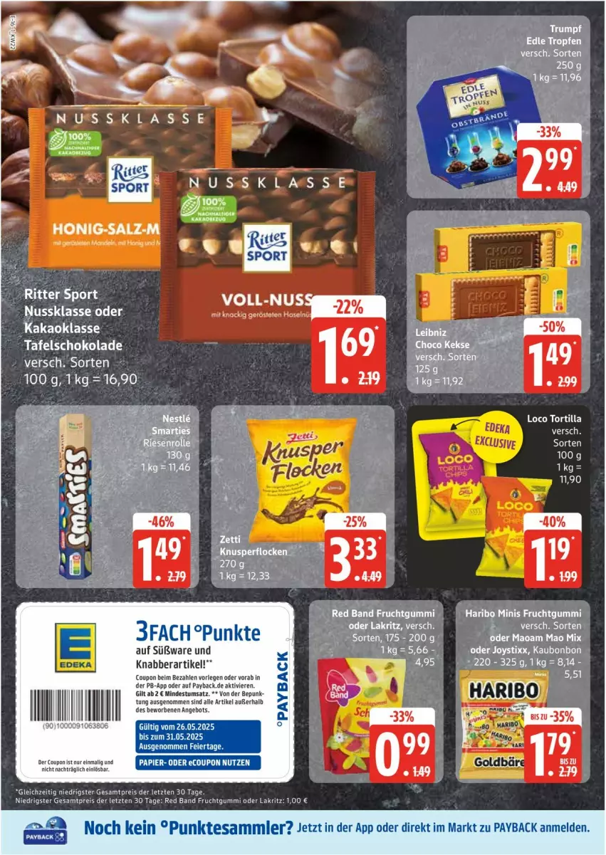 Aktueller Prospekt Edeka - Prospekte - von 26.05 bis 31.05.2025 - strona 16 - produkty: angebot, coupon, eier, eis, frucht, fruchtgummi, honig, kakao, Lakritz, LG, maoam, nuss, oder lakritz, papier, payback, reis, ritter, ritter sport, rum, salz, schoko, schokolade, Sport, tafelschokolade, tesa, Ti, ZTE