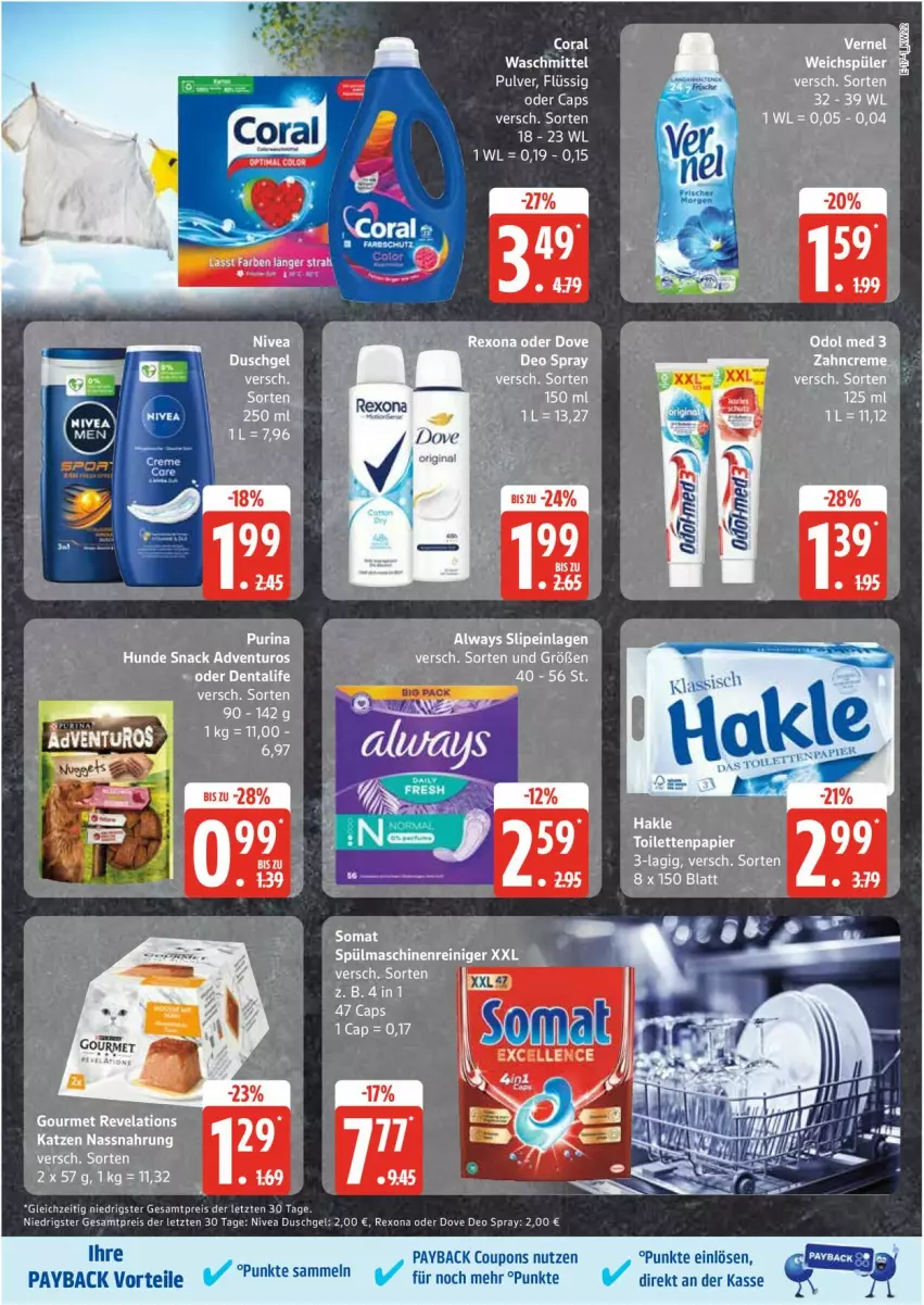 Aktueller Prospekt Edeka - Prospekte - von 26.05 bis 31.05.2025 - strona 17 - produkty: adventuros, aeg, Alwa, Always, Bau, Cap, Coral, coupon, coupons, deo, deo spray, dove, duschgel, eis, gin, LG, maschinenreiniger, Nassnahrung, nivea, payback, purina, reiniger, reis, rexona, slip, slipeinlagen, snack, somat, spülmaschinen, Ti, waschmittel, ZTE