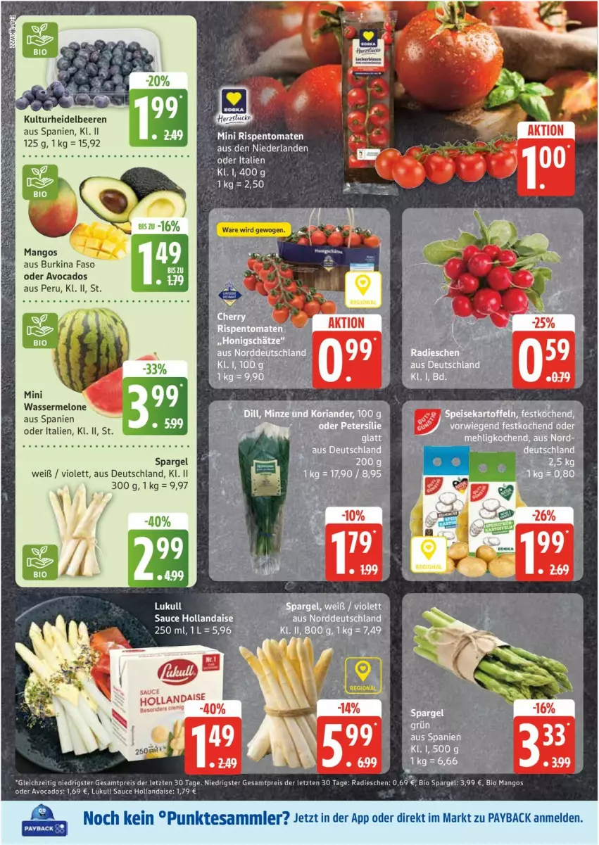 Aktueller Prospekt Edeka - Prospekte - von 26.05 bis 31.05.2025 - strona 8 - produkty: avocado, avocados, beere, beeren, bio, eis, heidelbeere, heidelbeeren, hollandaise, lukull, mango, mangos, mehl, melone, nerf, radieschen, reis, rispentomaten, sauce, sauce hollandaise, spargel, Ti, tomate, tomaten, wasser, wassermelone, ZTE