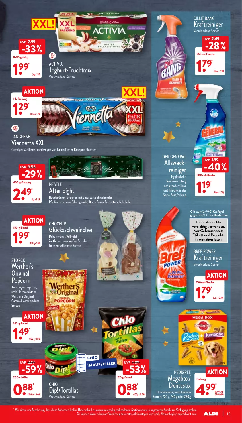 Aktueller Prospekt Aldi Nord - Aldi-Vorschau - von 20.12 bis 24.12.2021 - strona 13 - produkty: activia, after eight, allzweckreiniger, asti, beutel, bio, Bref, bref power, caramel, Cillit, cillit bang, creme, dentastix, dip, eis, elle, flasche, frucht, gin, hundesnack, hundesnacks, joghur, joghurt, kraft, langnese, milch, nestlé, pedigree, pfeffer, popcorn, Rauch, reiniger, rwe, schoko, schokolade, schwein, snack, snacks, storck, teller, tender, Ti, tortilla, tortillas, vanille, viennetta, vollmilch, weck, wein, Zartbitterschokolade, ZTE