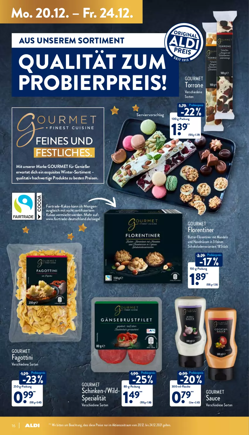 Aktueller Prospekt Aldi Nord - Aldi-Vorschau - von 20.12 bis 24.12.2021 - strona 16 - produkty: bier, butter, eis, erde, flasche, Florentiner, kakao, mandel, mandeln, reis, Ria, sauce, schinken, schoko, schokolade, schokoladen, Spezi, Ti, Wild