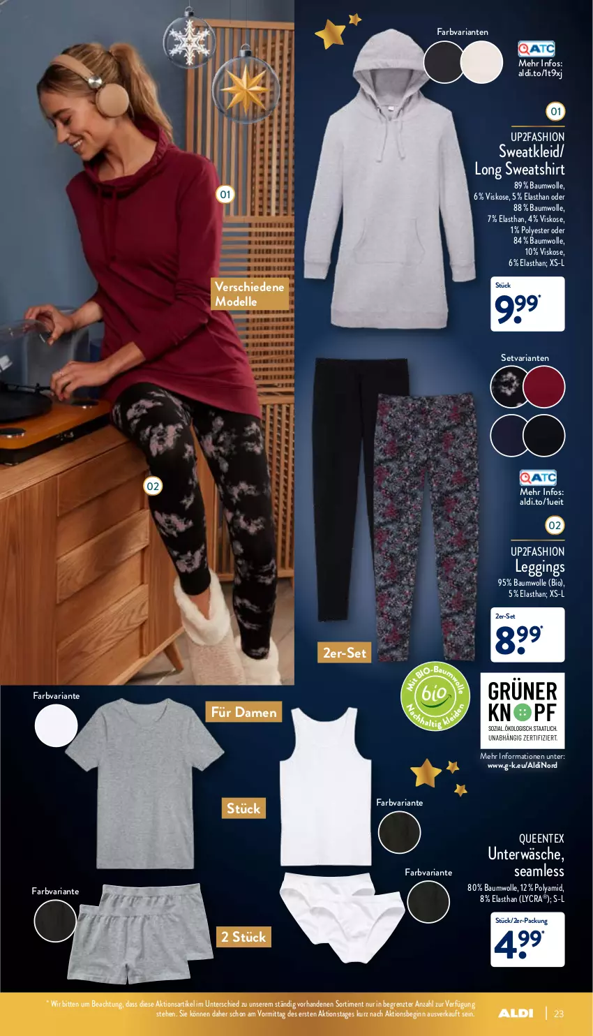 Aktueller Prospekt Aldi Nord - Aldi-Vorschau - von 20.12 bis 24.12.2021 - strona 23 - produkty: aldi, Bau, baumwolle, bio, dell, elle, ente, gin, kleid, leggings, Mode, Queentex, Ria, shirt, Sweatkleid, Sweatshirt, Ti, Unterwäsche, up2fashion, wolle, ZTE