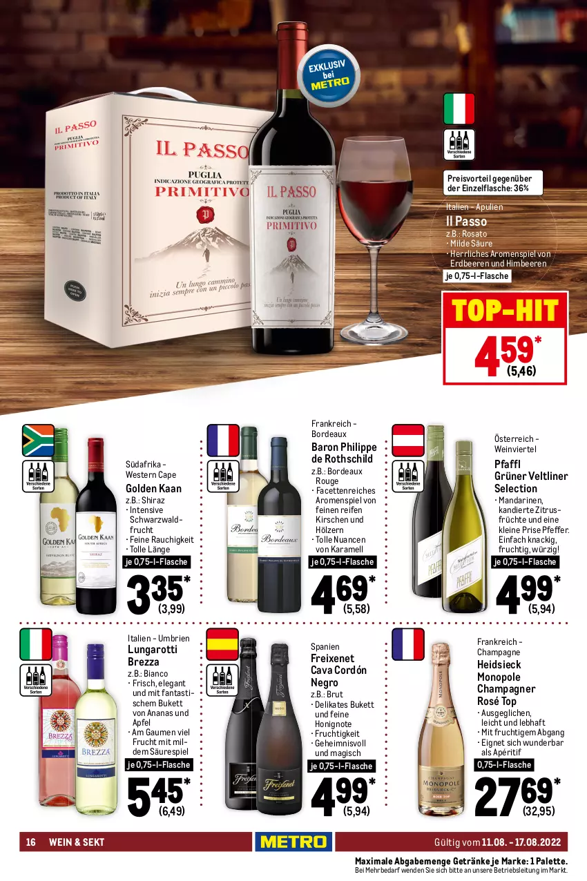 Aktueller Prospekt Metro - Food - von 11.08 bis 17.08.2022 - strona 16 - produkty: amaro, Amaro del Capo, ananas, apfel, asti, beere, beeren, brie, brut, Cap, Cava, champagne, champagner, Cognac, dry gin, eis, erdbeere, erdbeeren, fanta, flasche, freixenet, frucht, früchte, getränk, getränke, gin, grüner veltliner, himbeer, himbeere, himbeeren, honig, karamell, kirsch, kirsche, kirschen, kräuter, kräuterlikör, leine, likör, lillet, mandarine, mandarinen, mit frucht, Nuance, ouzo, ouzo 12, Palette, passo, pfeffer, pircher, preisvorteil, Rauch, reifen, reis, rosato, rouge, sekt, spirituosen, Ti, tisch, top-hit, wein, Weste, wodka