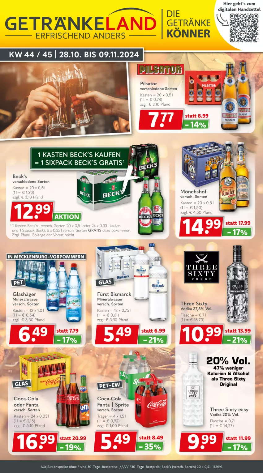 Aktueller Prospekt Getraenkeland - von 28.10 bis 09.11.2024 - strona 1 - produkty: aktionspreis, alkohol, Alwa, beck's, beko, bestpreis, bestpreise, bismarck, coca-cola, cola, eis, fanta, flasche, gin, mineralwasser, mönchshof, pils, reis, sprite, Three Sixty, Ti, vodka, wasser