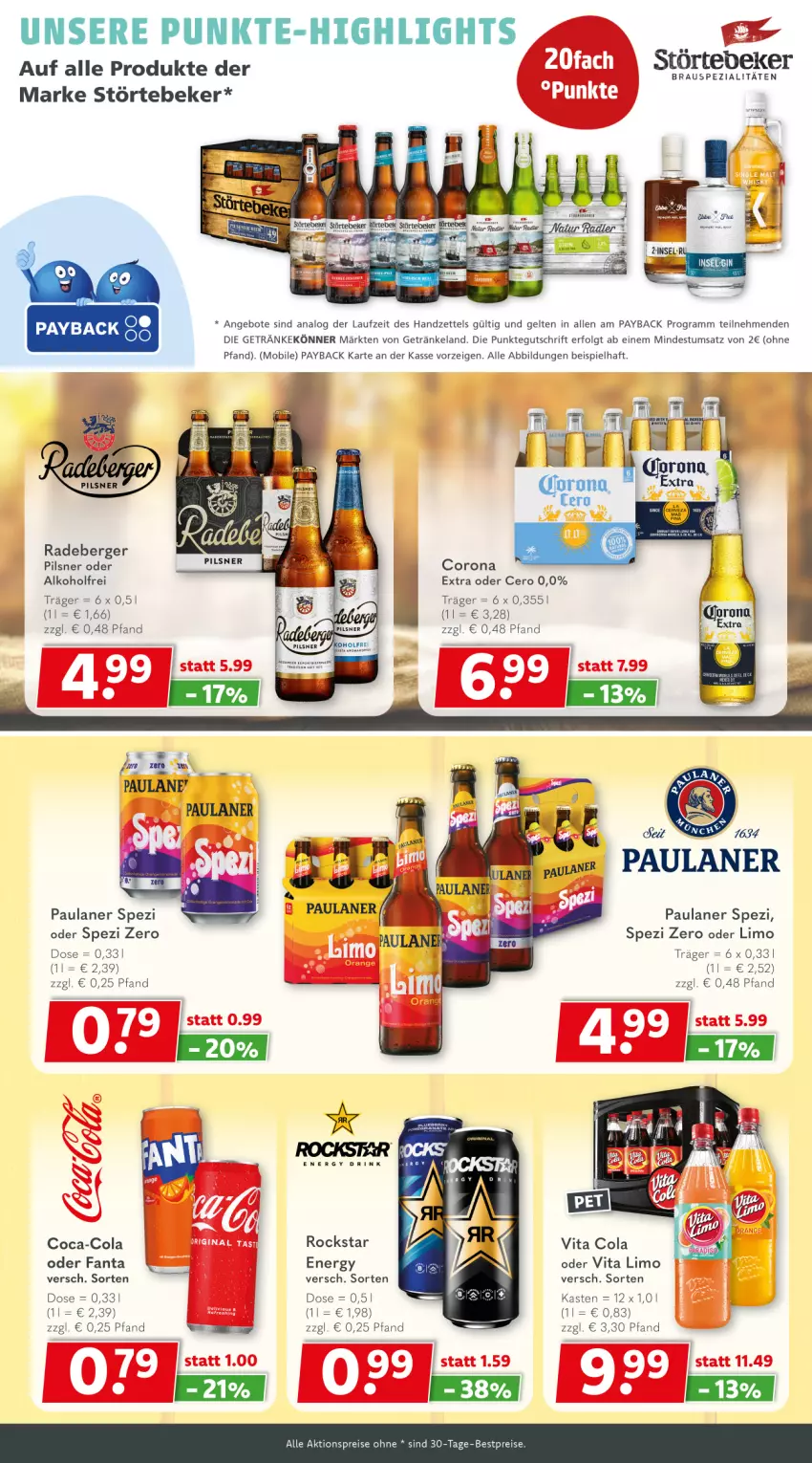 Aktueller Prospekt Getraenkeland - von 28.10 bis 09.11.2024 - strona 4 - produkty: aktionspreis, alkohol, angebot, angebote, Berger, bestpreis, bestpreise, coca-cola, cola, corona, eis, Elan, fanta, getränk, getränke, LG, limo, Paula, paulaner, payback, pils, pilsner, radeberger, reis, Rockstar, rum, Spezi, störtebeker, Ti, vita, Vita C