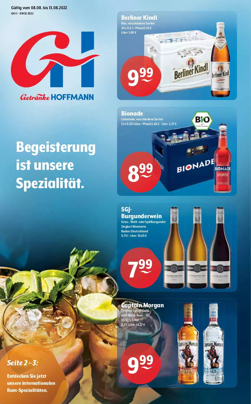 Aktueller Prospekt Getraenke Hoffmann - Prospekte - von 08.08 bis 13.08.2022 - strona 1 - produkty: Bad, berliner, berliner kindl, bier, bio, bionade, burgunder, Cap, captain morgan, decke, eis, gin, limo, limonade, merl, original spiced gold, rum, rwe, spätburgunder, Spezi, Ti, wein, white rum