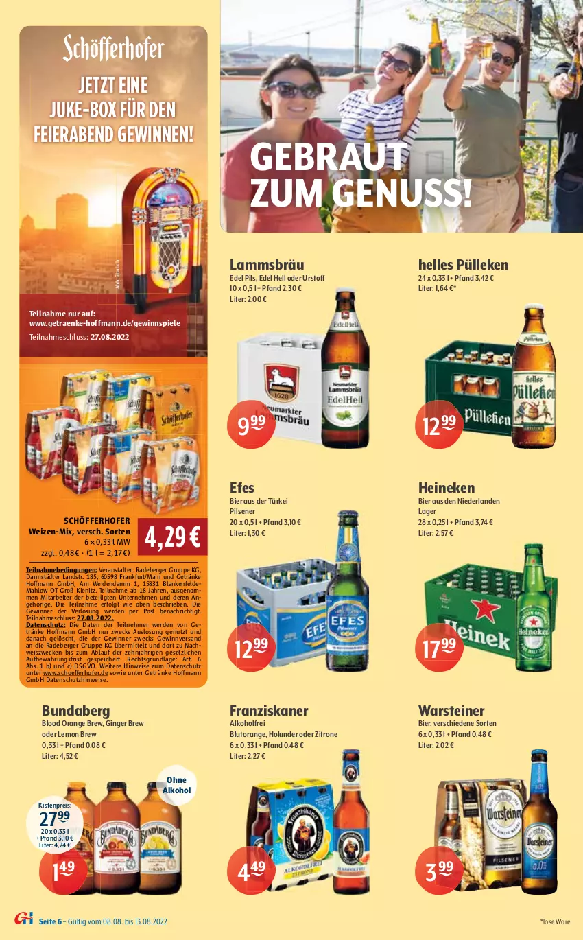 Aktueller Prospekt Getraenke Hoffmann - Prospekte - von 08.08 bis 13.08.2022 - strona 6 - produkty: alkohol, Benediktiner, Berger, bier, Blutorange, budweiser, Bundaberg, eier, eis, elle, erde, franziskaner, getränk, getränke, gewinnspiel, gin, ginger, heineken, holunder, HP, lamm, LG, malz, natur, nuss, ohne alkohol, orange, Paula, paulaner, perlen, pils, pilsener, pilsner, radeberger, reis, Rostocker, schöfferhofer, Spiele, steiner, störtebeker, Ti, warsteiner, weck, weissbier, zitrone