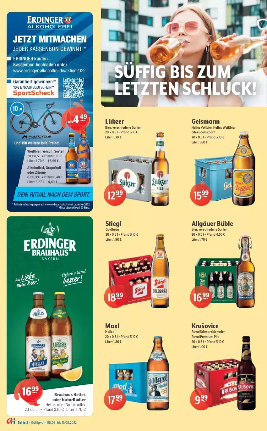 Aktueller Prospekt Getraenke Hoffmann - Prospekte - von 08.08 bis 13.08.2022 - strona 8 - produkty: alkohol, Alpirsbacher, berliner, bier, eis, elle, erdinger, Germ, grapefruit, gutschein, jever, LG, Lübzer, mac, natur, oder radler, pils, pilsener, pilsner, pilsner urquell, premium pils, radler, reis, Sport, Sternburg, Stiegl, Ti, weissbier, zitrone, ZTE