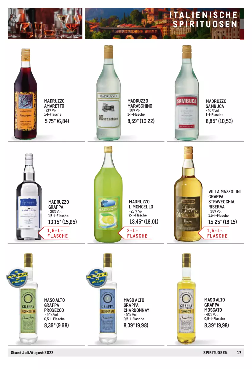 Aktueller Prospekt Metro - Hauswein - von 01.07 bis 31.08.2022 - strona 17 - produkty: Amaretto, bourbon, bourbon whiskey, braun, cachaça, chardonnay, chia, ecco, flasche, gin, grappa, limo, lion, premium vodka, prosecco, rioba, riserva, rum, sambuca, spirituosen, tequila, Ti, vodka, whiskey