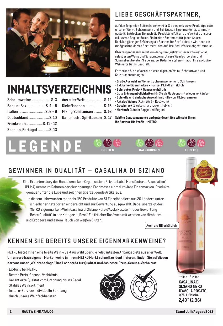 Aktueller Prospekt Metro - Hauswein - von 01.07 bis 31.08.2022 - strona 2 - produkty: aperitif, auer, bag-in-box, Bau, beere, beeren, Birnen, Blüte, Brei, Brock, Casali, cassis, decke, ecco, eis, elle, ente, erdbeere, ernesto, flasche, frizzante, frucht, früchte, früchten, himbeer, himbeere, holunder, holunderblüte, honig, honigmelone, hugo, LG, mab, mac, melone, Metro, nero, nuss, Palette, perla, prosecco, puma, regal, reis, rel, Ria, rosato, roséwein, sekt, spirituosen, spumante, Ti, valdo, wein, weine