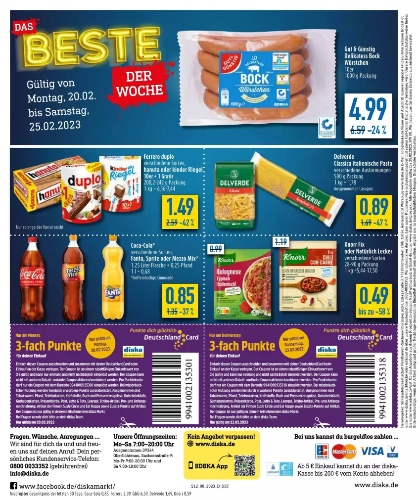 Aktueller Prospekt Diska - Prospekte - von 20.02 bis 25.02.2023 - strona 12 - produkty: angebot, angebote, bolognese, buch, coca-cola, cola, coupon, deka, eis, ente, erde, fanta, ferrero, flasche, guthabenkarte, gutschein, italienische pasta, knorr, kraft, lasagne, LG, mars, Mezzo Mix, pasta, reis, sprite, Tchibo, tee, telefon, Ti, uhr, ZTE