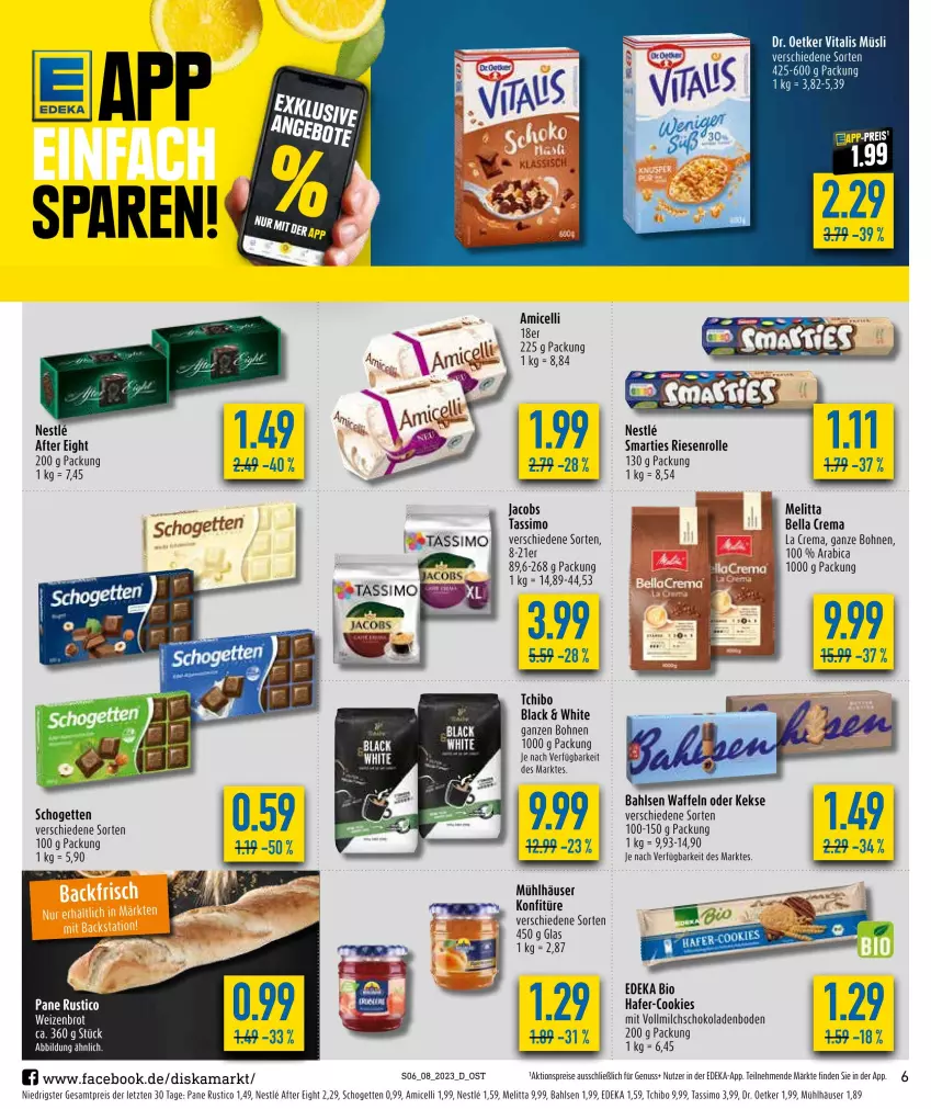 Aktueller Prospekt Diska - Prospekte - von 20.02 bis 25.02.2023 - strona 6 - produkty: after eight, aktionspreis, amicelli, bahlsen, bio, bohne, bohnen, brot, cookie, cookies, deka, Dr. Oetker, edeka bio, eis, hafer, jacobs, keks, kekse, konfitüre, lack, melitta, milch, mühlhäuser, nuss, reis, schogetten, schoko, schokolade, schokoladen, sim, smarties, tassimo, Tchibo, Ti, vollmilch, waffeln, Weizenbrot, ZTE