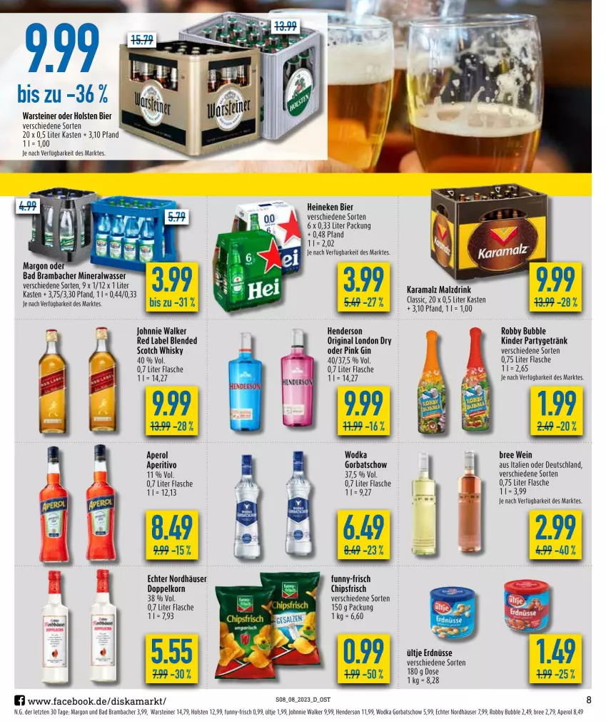 Aktueller Prospekt Diska - Prospekte - von 20.02 bis 25.02.2023 - strona 8 - produkty: Alwa, aperol, Bad, bier, bree, chips, chipsfrisch, doppelkorn, drink, enders, erdnüsse, flasche, funny-frisch, getränk, gin, Gorbatschow, heineken, holsten, johnnie walker, karamalz, Kinder, korn, london dry, malz, mineralwasser, rama, robby, scotch, scotch whisky, steiner, Ti, ültje, ültje erdnüsse, warsteiner, wasser, wein, whisky, wodka, ZTE