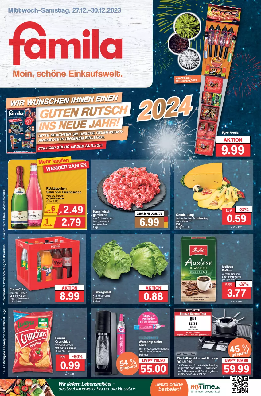 Aktueller Prospekt Famila - Prospekte - von 27.12 bis 30.12.2023 - strona 1 - produkty: angebot, angebote, auer, aust, beutel, chips, coca-cola, cola, crunchips, ecco, eis, eisbergsalat, elle, flasche, fleisch, Fondue, frucht, fruchtsecco, gabel, gouda, gouda jung, grill, grillfläche, grillplatte, hackfleisch, hackfleisch gemischt, holländischer schnittkäse, Holz, jever, kaffee, Käse, latte, lebensmittel, LG, lorenz, lorenz crunchips, melitta, reis, rel, rind, rotkäppchen, rwe, salat, schnittkäse, schoko, schokolade, schokoladen, schwein, schwein und rind, sekt, teller, Ti, tisch, wasser, wassersprudler, wein, Weste, Wild, Yo, ZTE