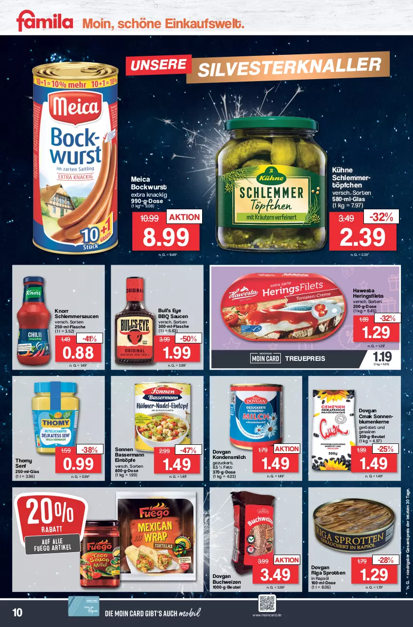 Aktueller Prospekt Famila - Prospekte - von 27.12 bis 30.12.2023 - strona 10 - produkty: beutel, blume, blumen, bockwurst, buch, dovgan, eintöpfe, eis, filet, filets, flasche, hawesta, hering, Herings, heringsfilets, knorr, kondensmilch, Kühne, meica, milch, rapsöl, reis, ring, salz, sauce, saucen, schlemmersauce, schlemmersaucen, schlemmertöpfchen, senf, sonnenblume, sonnenblumen, Sonnenblumenkerne, Sprotten, thomy, Ti, Töpfchen, wurst, ZTE, zucker