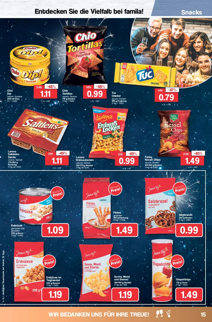 Aktueller Prospekt Famila - Prospekte - von 27.12 bis 30.12.2023 - strona 15 - produkty: beutel, brezel, Brezeln, chips, cracker, decke, dip, eis, erdnuss, erdnüsse, lorenz, Mantel, nuss, reis, saltletts, salz, snack, snacks, Ti, tortilla, tortillas, tuc, ZTE