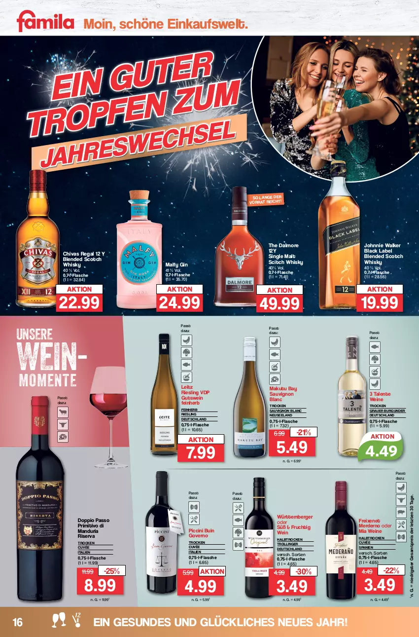 Aktueller Prospekt Famila - Prospekte - von 27.12 bis 30.12.2023 - strona 16 - produkty: auer, Berger, black label, blended scotch, blended scotch whisky, burgunder, cin, cuvée, doppio passo, eis, Elan, ente, erde, flasche, freixenet, frucht, gin, grauer burgunder, johnnie walker, lack, leitz, passo, primitivo, regal, reis, Ria, riesling, riserva, sauvignon, sauvignon blanc, scotch, scotch whisky, single malt, Ti, trolli, trollinger, wein, weine, whisky, ZTE