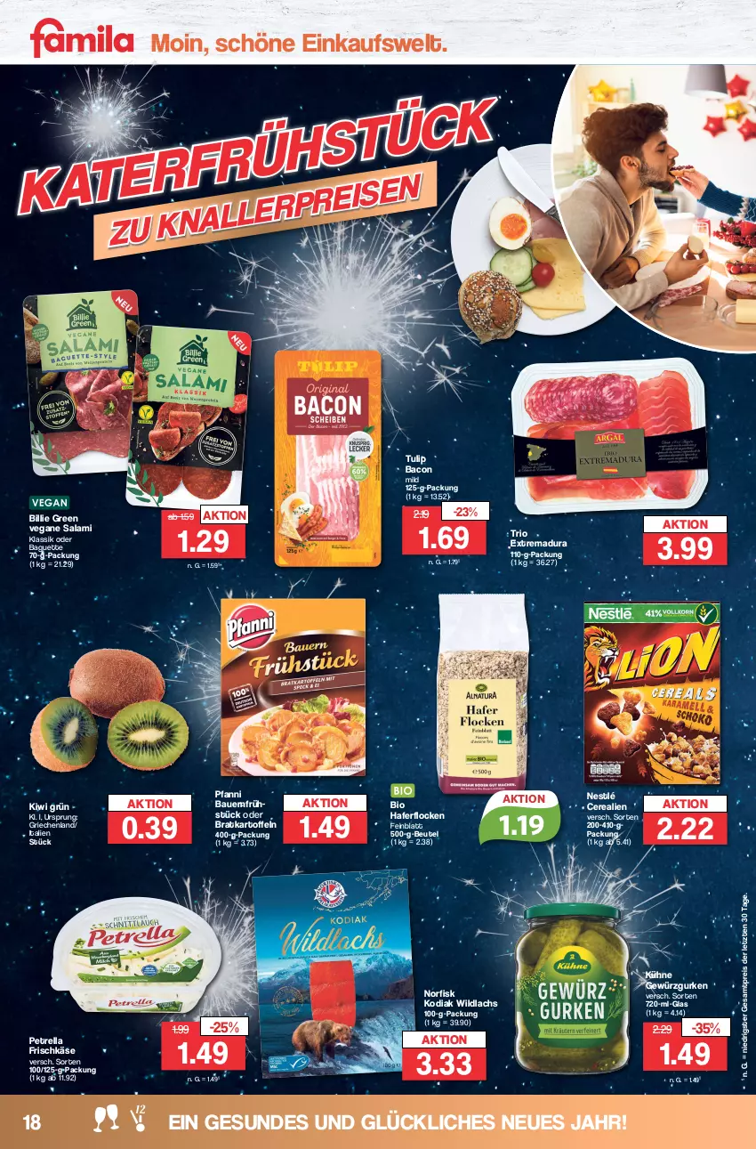 Aktueller Prospekt Famila - Prospekte - von 27.12 bis 30.12.2023 - strona 18 - produkty: auer, bacon, baguette, Bau, Bauer, beutel, bio, cerealien, eis, frischkäse, gewürz, gurke, gurken, hafer, haferflocken, kartoffel, kartoffeln, Käse, kiwi, Kühne, lachs, nestlé, petrella, pfanni, reis, rel, salami, Ti, tulip, Wild, wildlachs, ZTE