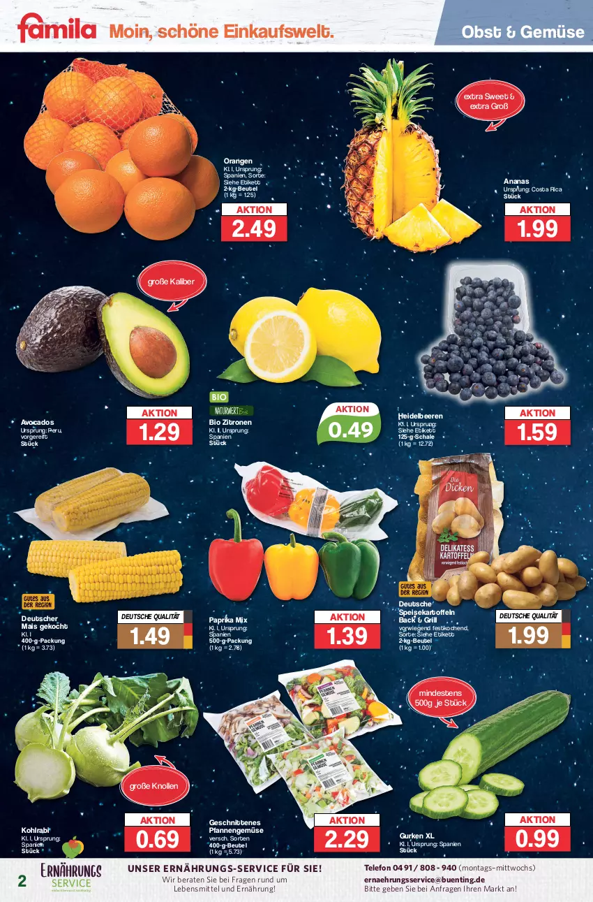 Aktueller Prospekt Famila - Prospekte - von 27.12 bis 30.12.2023 - strona 2 - produkty: ananas, avocado, avocados, beere, beeren, beutel, bio, eis, grill, gurke, gurken, heidelbeere, heidelbeeren, kartoffel, kartoffeln, kohlrabi, lebensmittel, mais, obst, orange, orangen, paprika, paprika mix, pfanne, pfannen, Schal, Schale, schnitten, speisekartoffeln, telefon, Ti, zitrone, zitronen