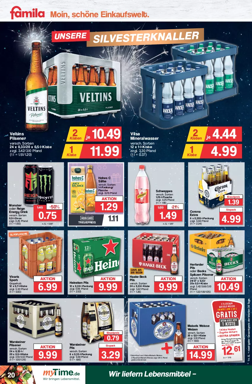 Aktueller Prospekt Famila - Prospekte - von 27.12 bis 30.12.2023 - strona 20 - produkty: Alwa, becks, corona, corona extra, drink, eis, energy drink, flasche, glasflasche, grapefruit, heineken, Hohes C, lebensmittel, mais, mineralwasser, monster, pils, pilsener, reis, säfte, schweppes, Sport, steiner, Ti, veltins, veltins pilsener, vilsa, Vivaris, warsteiner, wasser, ZTE