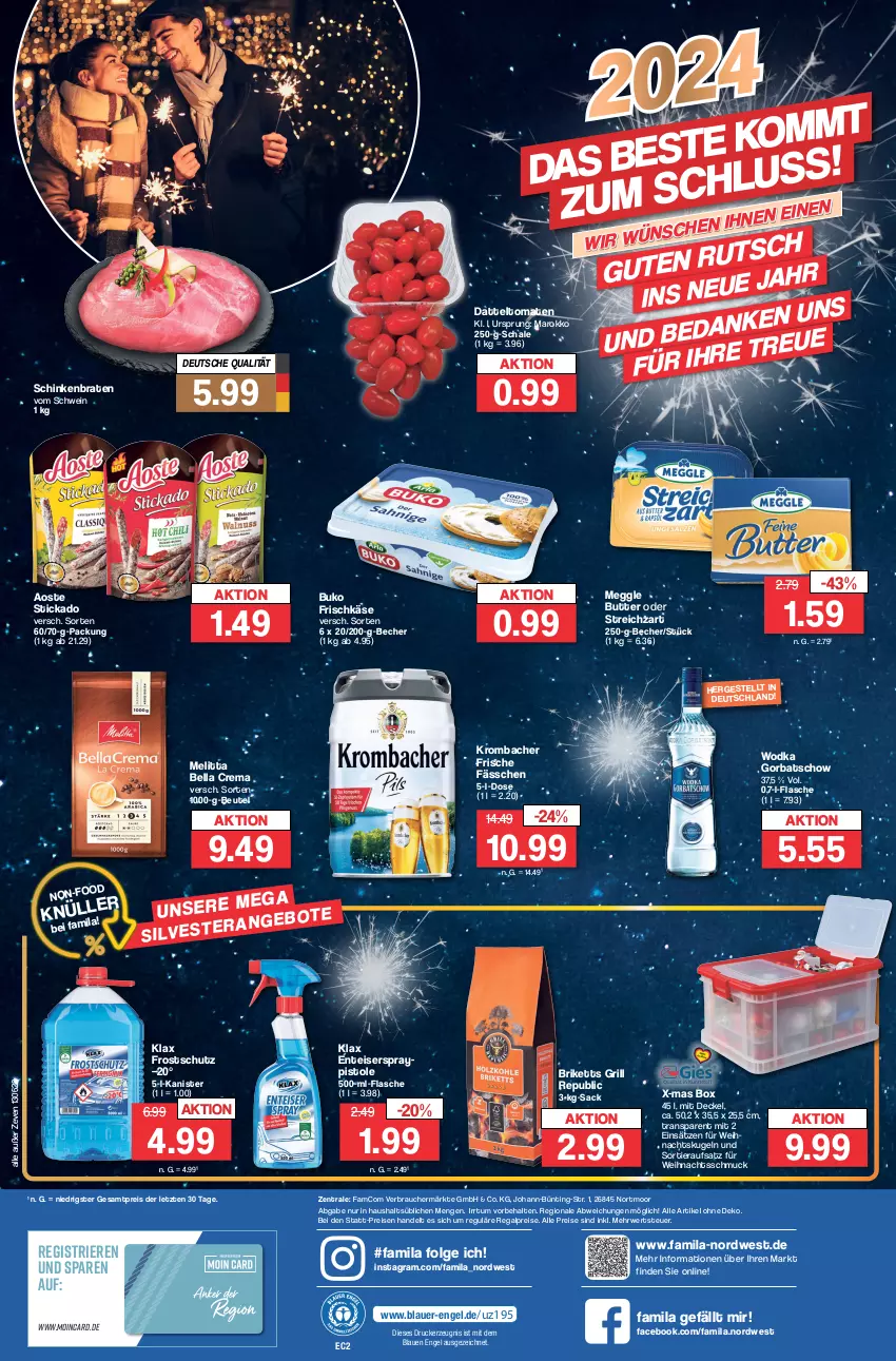 Aktueller Prospekt Famila - Prospekte - von 27.12 bis 30.12.2023 - strona 28 - produkty: aoste stickado, auer, Becher, bella crema, beutel, braten, briketts, Buko, butter, datteltomaten, decke, Deckel, drucker, eis, Engel, ente, flasche, frischkäse, Gorbatschow, grill, Käse, kerze, krombache, krombacher, Kugel, LG, meggle, melitta, Rauch, regal, reis, rwe, sac, Schal, Schale, schinken, schinkenbraten, Schmuck, schwein, stickado, Streichzart, Ti, tomate, tomaten, Weihnachtskugeln, wein, wodka, ZTE