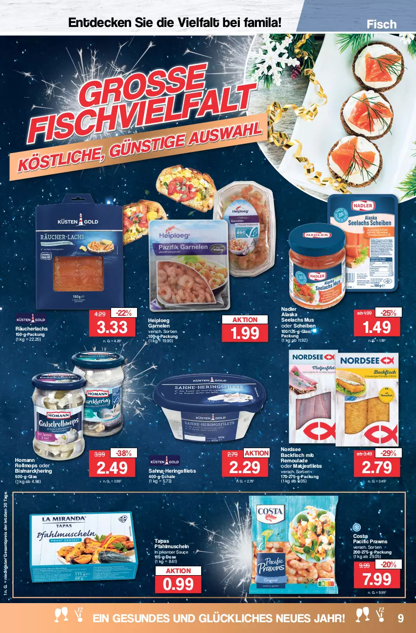 Aktueller Prospekt Famila - Prospekte - von 27.12 bis 30.12.2023 - strona 9 - produkty: backfisch, bismarck, Cif, decke, eis, filet, filets, fisch, garnelen, hering, Herings, heringsfilets, homann, lachs, matjes, Matjesfilet, matjesfilets, Muscheln, nadler, Nordsee, prawns, Räucherlachs, reis, remoulade, ring, sahne, sauce, Schal, Schale, Tapas, Ti, ZTE