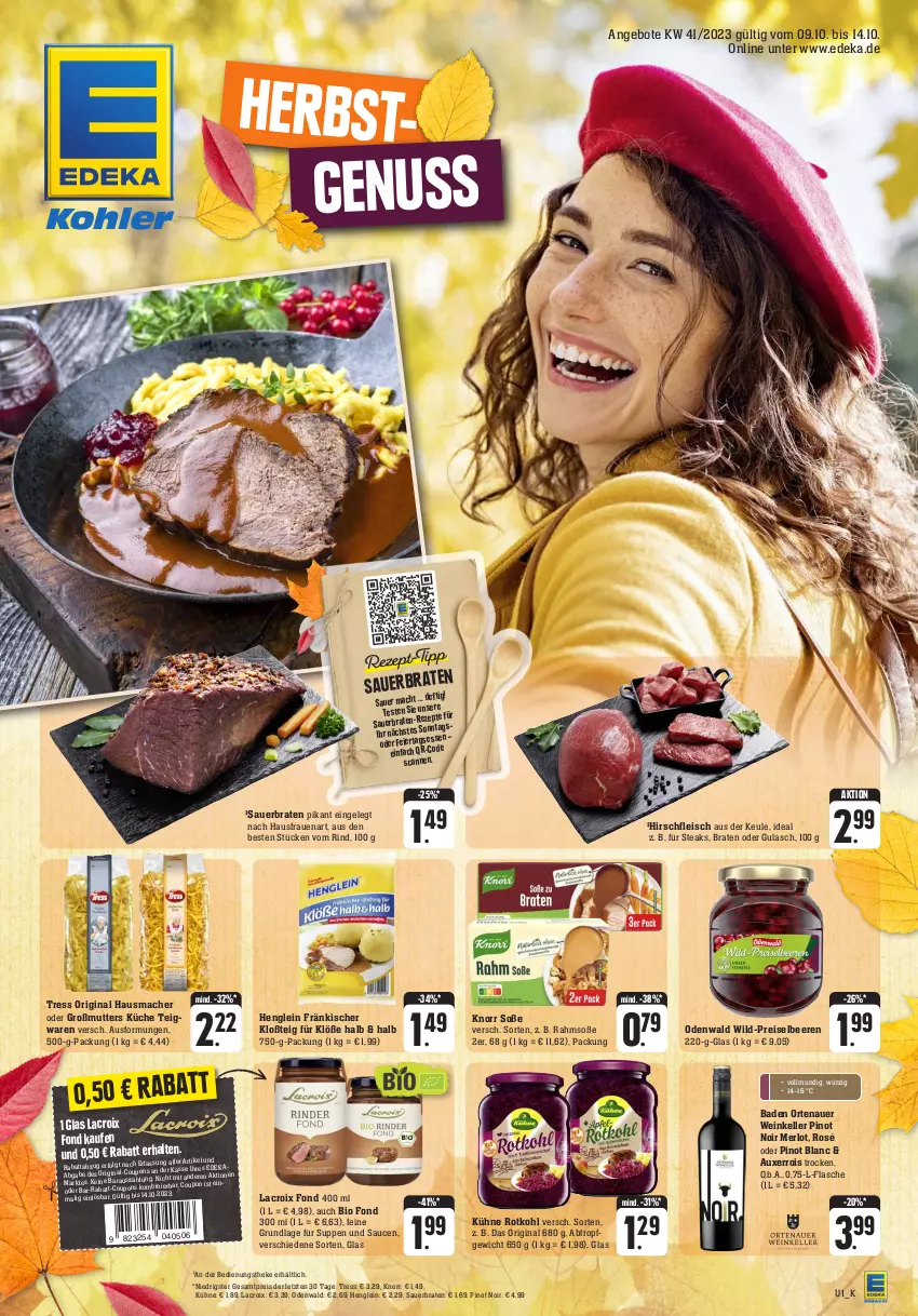 Aktueller Prospekt Edeka - Angebote der Woche - von 09.10 bis 14.10.2023 - strona 1 - produkty: angebot, angebote, auer, Bad, beere, beeren, bio, braten, coupon, deka, eis, elle, flasche, fleisch, gin, gulasch, Hausmacher, henglein, knorr, küche, Kühne, LG, mac, merl, merlot, nuss, odenwald, ortenauer, Pinot, pinot noir, reis, rind, rotkohl, sauce, saucen, Soße, steak, steaks, suppe, suppen, teigwaren, Ti, wein, Wild, ZTE