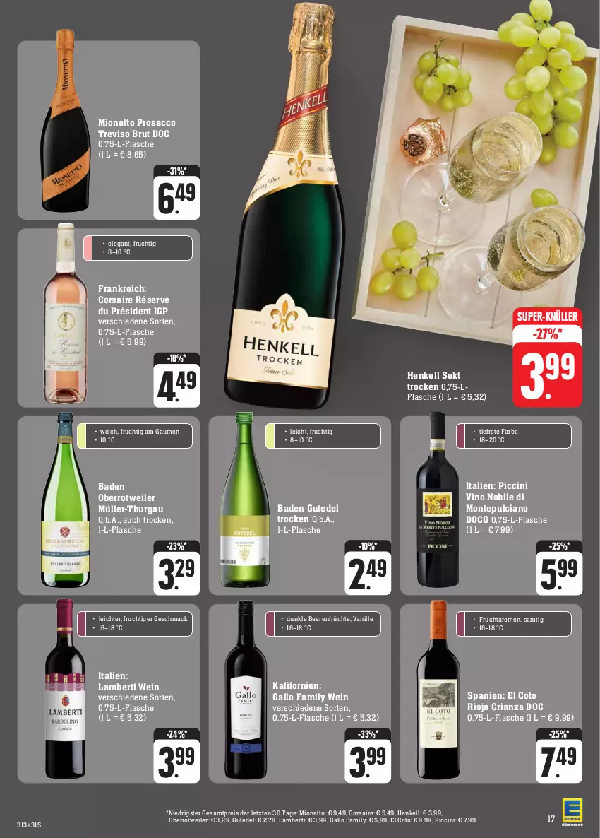 Aktueller Prospekt Edeka - Angebote der Woche - von 09.10 bis 14.10.2023 - strona 21 - produkty: Amber, Bad, beere, beeren, brut, cin, Corsaire, ecco, eis, flasche, frucht, früchte, gallo, gallo family, henkel, henkell, henkell sekt, mac, mionetto, monte, Montepulciano, Müller, Müller-Thurgau, prosecco, reis, Ria, rioja, sekt, super-knüller, Ti, vanille, wein, ZTE