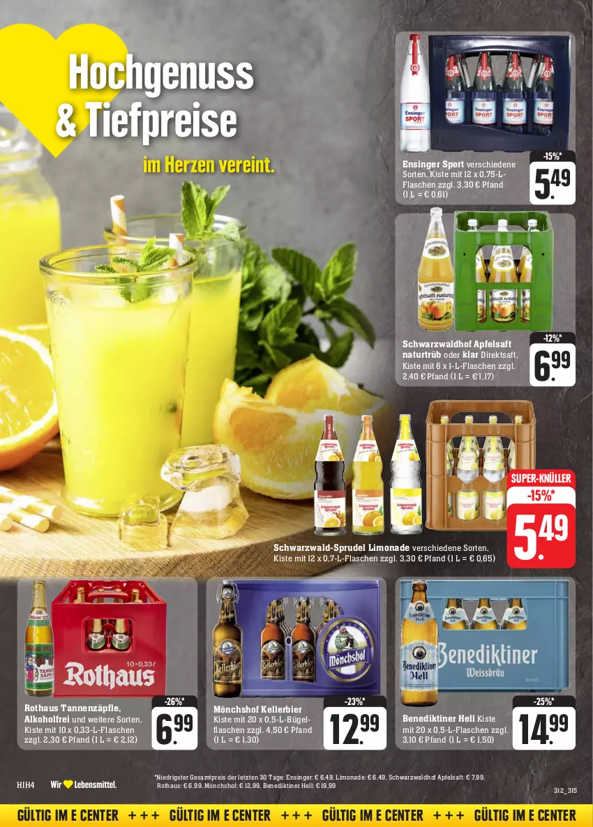 Aktueller Prospekt Edeka - Angebote der Woche - von 09.10 bis 14.10.2023 - strona 32 - produkty: alkohol, apfel, apfelsaft, Benediktiner, bier, bügel, bügelflasche, direktsaft, eis, elle, ente, flasche, kellerbier, limo, limonade, mönchshof, natur, reis, saft, Sport, Sprudel, super-knüller, Ti, ZTE