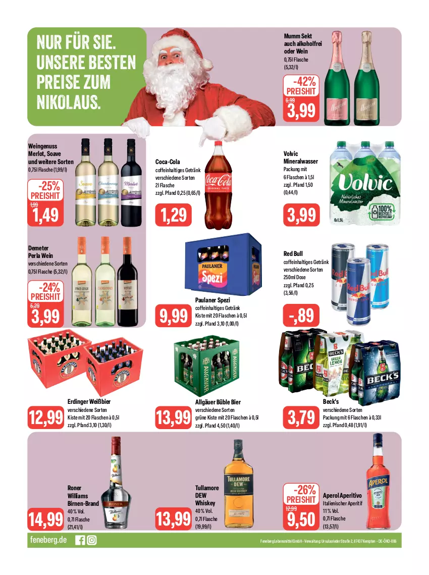 Aktueller Prospekt Feneberg - Prospekte - von 30.11 bis 02.12.2023 - strona 16 - produkty: alkohol, Alwa, aperitif, aperol, bier, Birnen, coca-cola, coffein, cola, eis, erdinger, flasche, getränk, lebensmittel, LG, merl, merlot, mineralwasser, mumm, nuss, Paula, paulaner, perla, red bull, reis, sekt, Spezi, Ti, tullamore, tullamore dew, volvic, wasser, wein, whiskey, Williams Birne