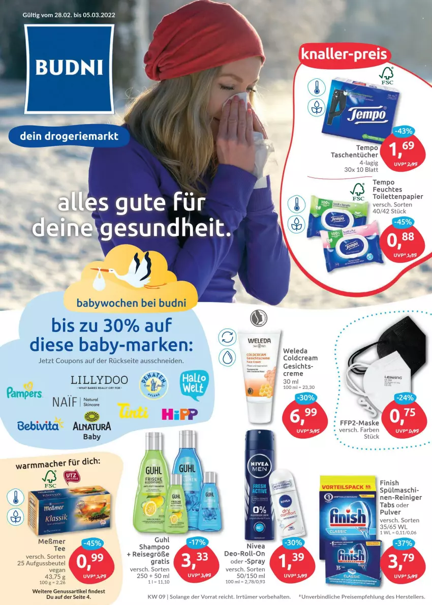 Aktueller Prospekt Budni - Prospekte - von 28.02 bis 05.03.2022 - strona 1 - produkty: bebivita, beutel, coupon, coupons, creme, deo, eis, elle, feuchtes toilettenpapier, FFP2, Finish, Gesundheit, Guhl, mac, Maske, Meßmer, natur, natura, nivea, nuss, papier, reiniger, reis, roll-on, shampoo, Tasche, taschen, taschentücher, tee, teller, Tempo, Ti, toilettenpapier, tücher, vita, weleda