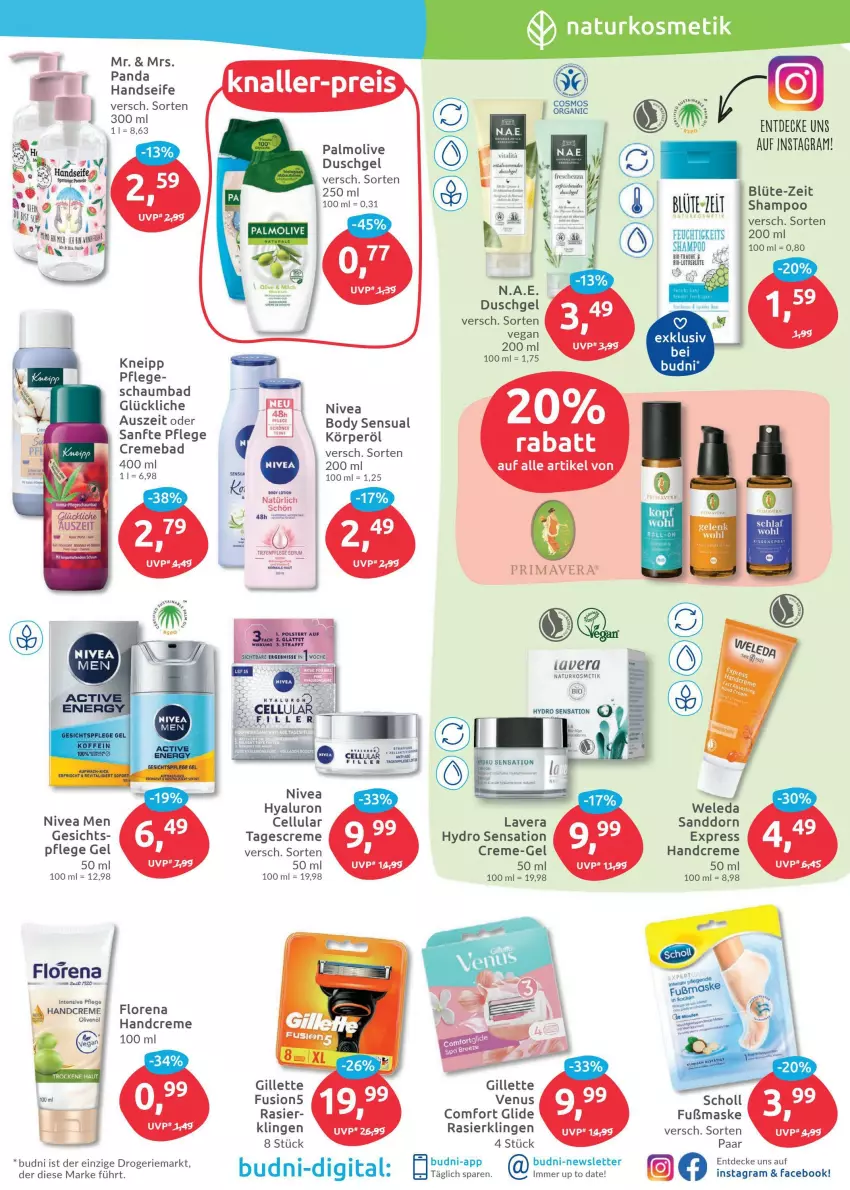 Aktueller Prospekt Budni - Prospekte - von 28.02 bis 05.03.2022 - strona 3 - produkty: auer, Bad, bio, Blüte, body, creme, decke, duschgel, fusion5, gillette, handcreme, Handseife, hyaluron, kneipp, kosmetik, Lotion, Maske, natur, naturkosmetik, nivea, Nivea Men, olive, palmolive, Rasierklinge, rasierklingen, rel, rum, sanddorn, schaumbad, scholl, Seife, Serum, shampoo, tagescreme, Ti, usb, venus, weleda