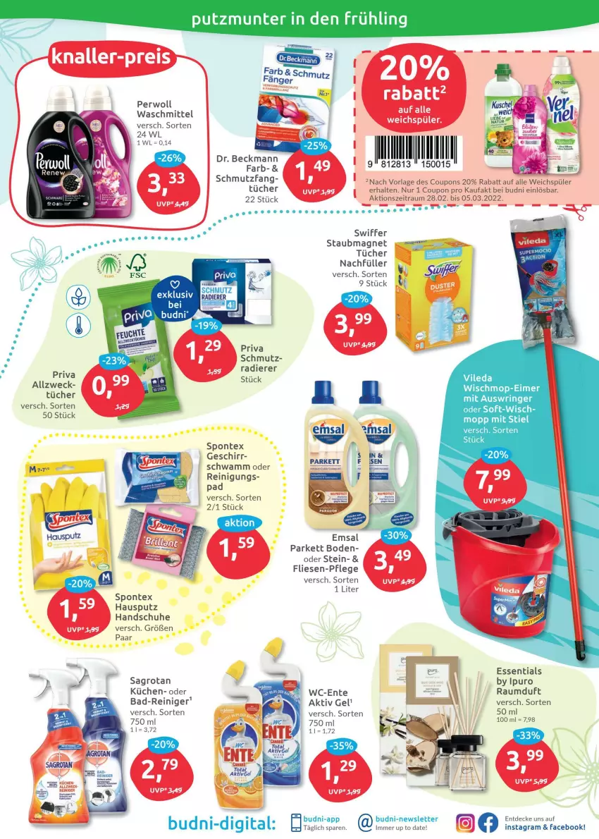 Aktueller Prospekt Budni - Prospekte - von 28.02 bis 05.03.2022 - strona 7 - produkty: aktiv gel, Bad, Bad-Reiniger, coupon, coupons, decke, Dr. Beckmann, eimer, emsa, ente, geschirr, handschuhe, Ipuro, küche, Küchen, perwoll, Raumduft, reiniger, Reinigung, ring, sagrotan, schuhe, schwamm, spontex, staubmagnet, swiffer, Ti, tücher, vileda, waschmittel, weck, weichspüler