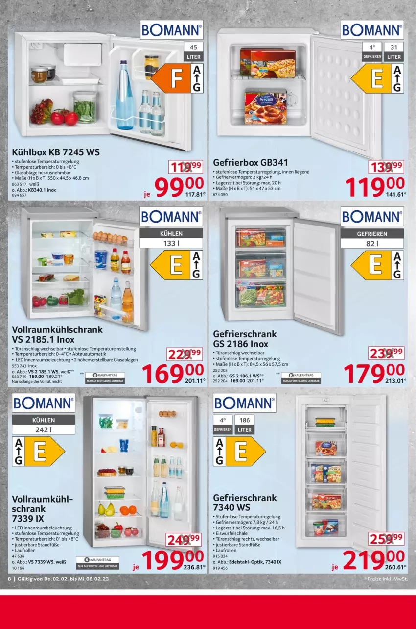 Aktueller Prospekt Selgros - Nonfood - von 02.02 bis 08.02.2023 - strona 8 - produkty: abtauautomatik, auto, beleuchtung, bomann, edelstahl, eis, eiswürfel, Gefrierbox, gefrierschrank, kühlbox, kühlschrank, Liege, Schal, Schale, Schrank, Stier, Ti, türanschlag wechselbar, würfel