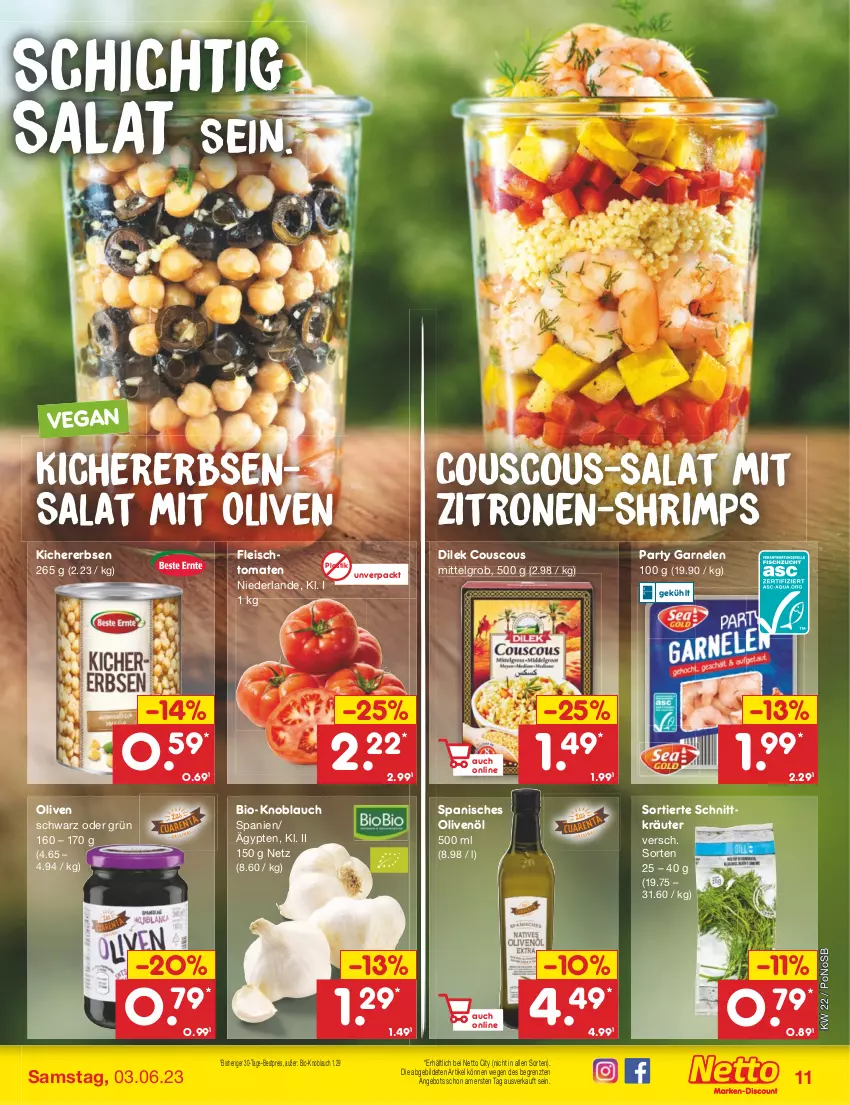 Aktueller Prospekt Netto Marken-Discount - Filial-Angebote - von 30.05 bis 03.06.2023 - strona 11 - produkty: angebot, asti, bestpreis, bio, couscous, eis, erbsen, fleisch, garnelen, kichererbsen, knoblauch, kräuter, LG, olive, oliven, olivenöl, reis, salat, Ti, tomate, tomaten, zitrone, zitronen, ZTE