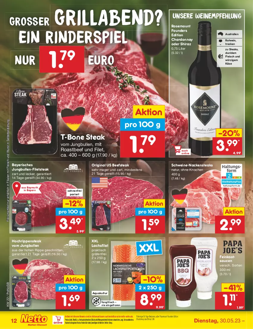 Aktueller Prospekt Netto Marken-Discount - Filial-Angebote - von 30.05 bis 03.06.2023 - strona 12 - produkty: aqua, aust, beef, bestpreis, chardonnay, eis, feinkost, filet, filets, fleisch, gin, grill, jungbullen, Käse, lachs, lachsfilet, Nackensteak, nackensteaks, natur, ndk, reis, rind, rinder, Rippen, roastbeef, rotwein, sauce, saucen, schnitten, schwein, schweine, steak, steaks, T-Bone Steak, Ti, tisch, wein, weine, wurst, wurst in selbstbedienung