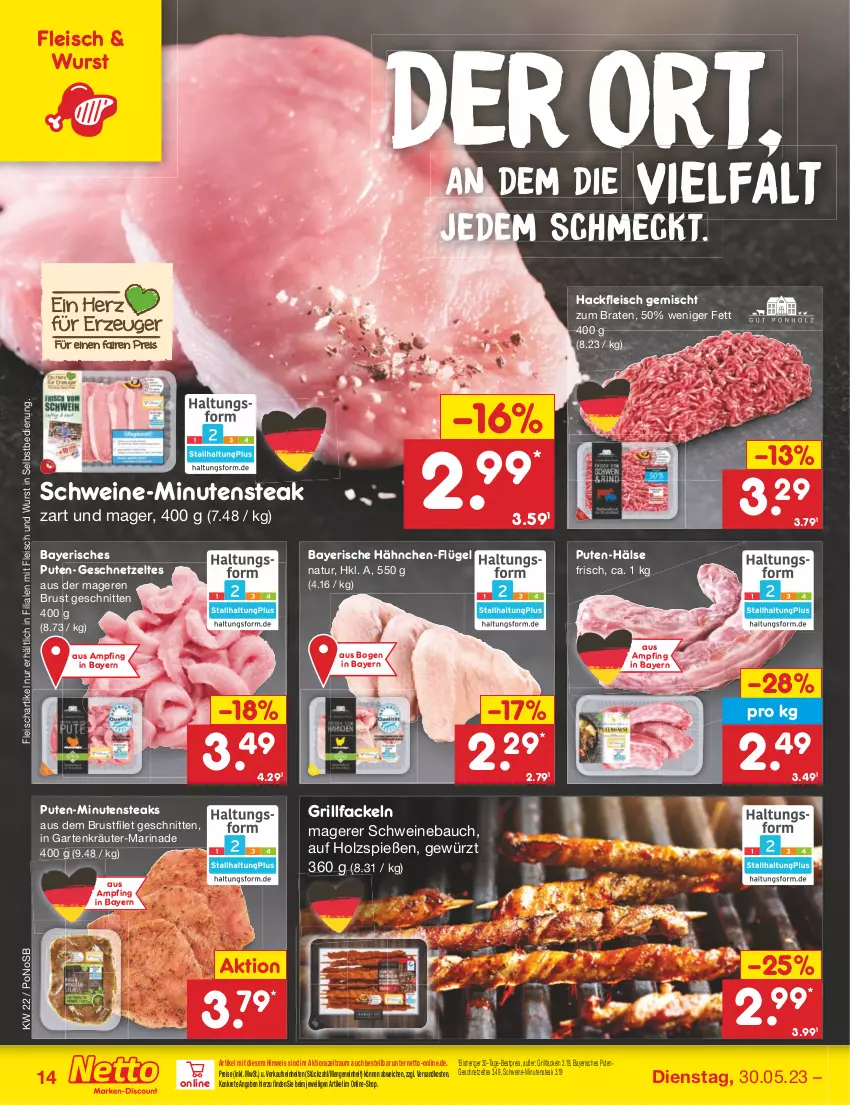 Aktueller Prospekt Netto Marken-Discount - Filial-Angebote - von 30.05 bis 03.06.2023 - strona 14 - produkty: Bau, bestpreis, braten, brustfilet, eis, filet, fleisch, Garten, geschnetzeltes, gewürz, grill, grillfackeln, hackfleisch, hackfleisch gemischt, Holz, kräuter, marinade, minutensteaks, natur, ndk, pute, reis, schnitten, schwein, schweine, Schweinebauch, steak, steaks, Ti, wein, weine, wurst, wurst in selbstbedienung, Zelt