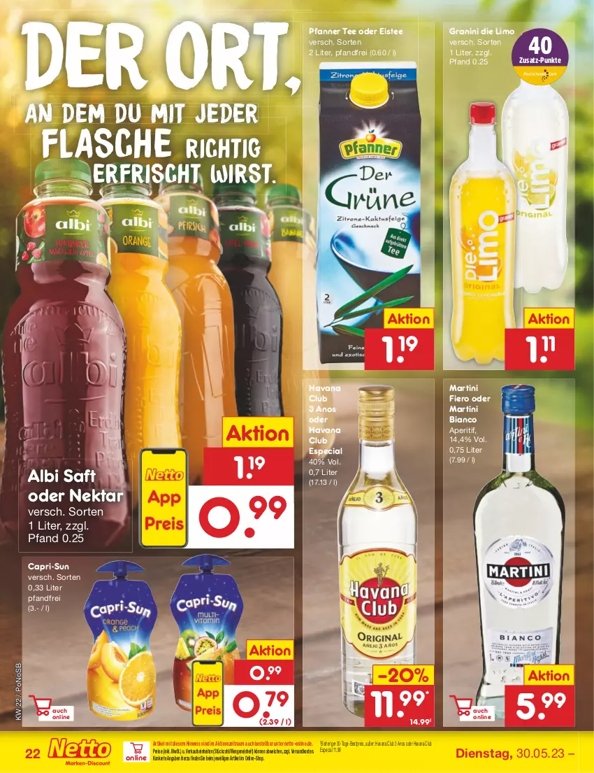 Aktueller Prospekt Netto Marken-Discount - Filial-Angebote - von 30.05 bis 03.06.2023 - strona 22 - produkty: aperitif, bestpreis, Cap, capri-sun, eis, eistee, flasche, granini, granini die limo, Havana Club, limo, martini, ndk, Nektar, pfanne, Pfanner, reis, saft, tee, Ti