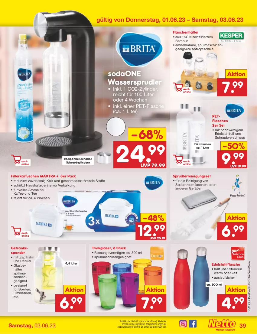 Aktueller Prospekt Netto Marken-Discount - Filial-Angebote - von 30.05 bis 03.06.2023 - strona 39 - produkty: angebot, bambus, Behälter, bowle, decke, Deckel, edelstahl, filterkartuschen, flasche, getränk, getränke, getränkespender, Gläser, Haushaltsgeräte, kaffee, limo, limonade, limonaden, mac, Maxtra, pet-flasche, Reinigung, Schal, Schale, Soda, sodastream, spülmaschinen, tee, Ti, wasser, wassersprudler, ZTE