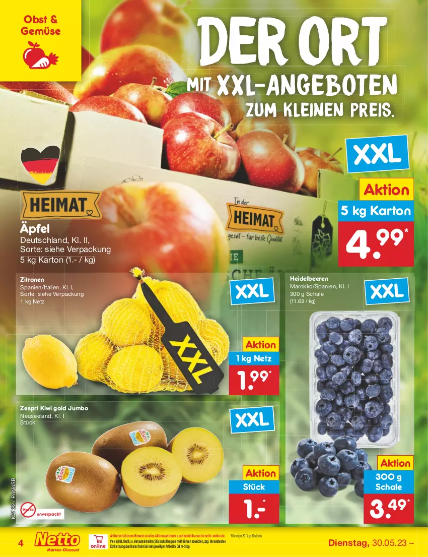 Aktueller Prospekt Netto Marken-Discount - Filial-Angebote - von 30.05 bis 03.06.2023 - strona 4 - produkty: angebot, angebote, asti, beere, beeren, bestpreis, eis, Elan, heidelbeere, heidelbeeren, jumbo, kiwi, Kiwi Gold, leine, ndk, obst, reis, Schal, Schale, Ti, zespri, zitrone, zitronen