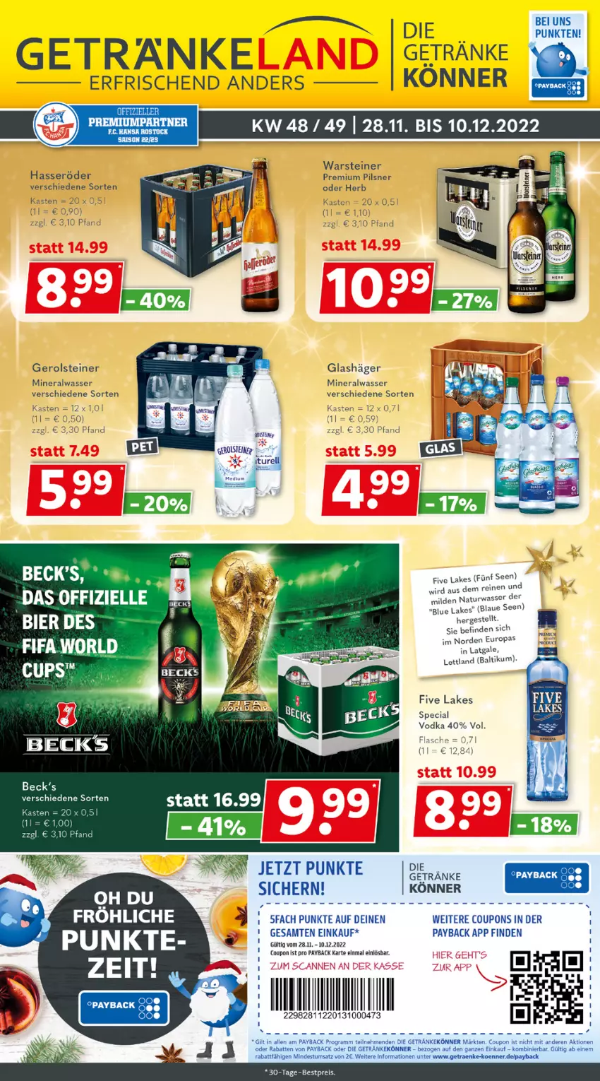 Aktueller Prospekt Getraenkeland - von 28.11 bis 10.12.2022 - strona 1 - produkty: Alwa, beck's, bestpreis, bier, coupon, coupons, eis, elle, flasche, gerolsteine, gerolsteiner, getränk, getränke, hasseröder, HP, LG, mineralwasser, natur, payback, pils, pilsner, premium pils, reis, steiner, Ti, vodka, warsteiner, wasser