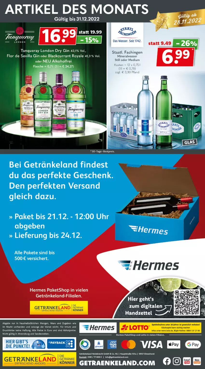 Aktueller Prospekt Getraenkeland - von 28.11 bis 10.12.2022 - strona 10 - produkty: abholpreise, alkohol, bestpreis, bett, Currant, dry gin, eier, eis, Elan, ente, getränk, getränke, gin, lack, london dry, london dry gin, mac, reis, Staatl. Fachingen, Tanqueray, Ti, uhr, wasser, Zelt